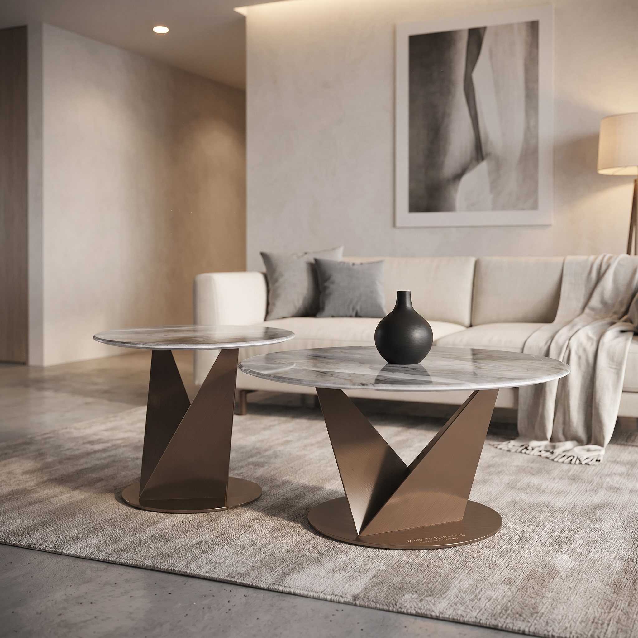 Luxury Grey Marble Nesting Coffee Table Set with Bronze Stainless Steel Base