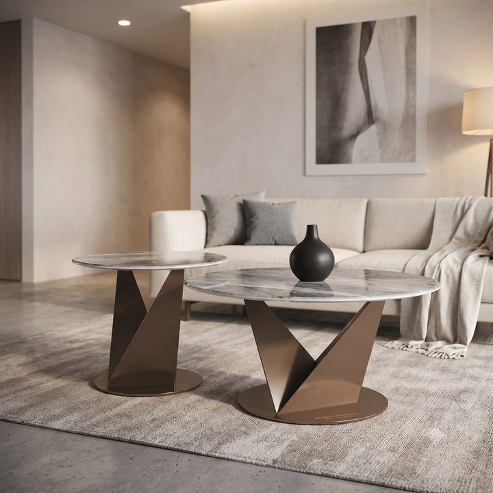 Luxury Grey Marble Nesting Coffee Table Set with Bronze Stainless Steel Base