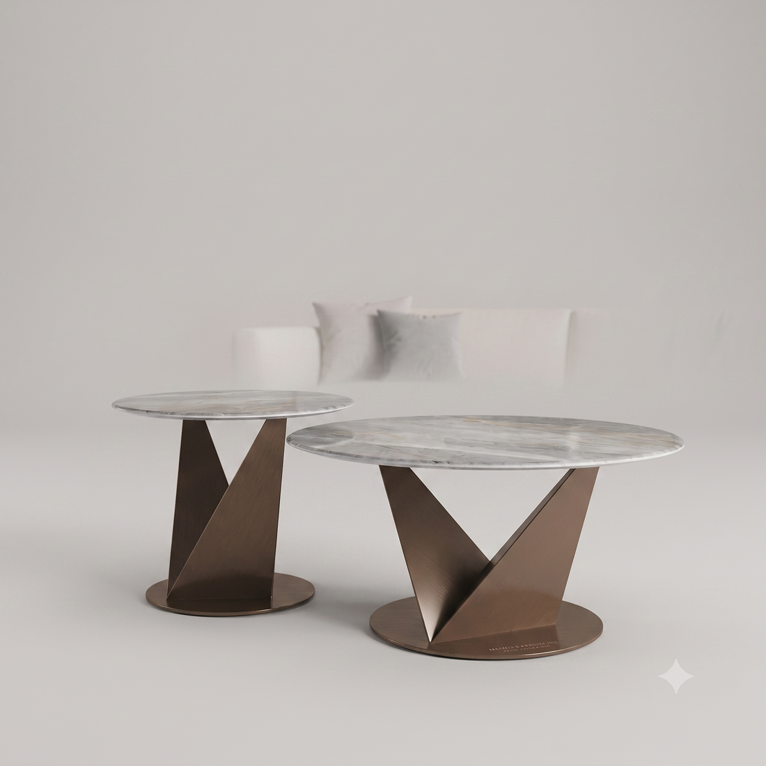Luxury Grey Marble Nesting Coffee Table Set with Bronze Stainless Steel Base