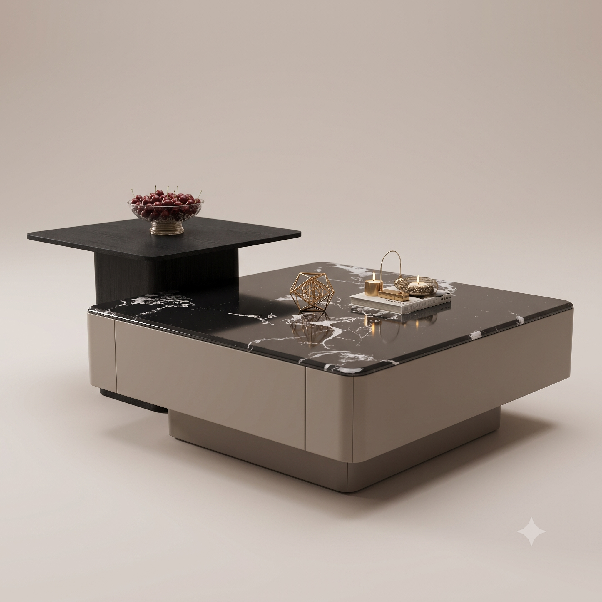 The Noir Grandeur Dual-Tier Nesting Coffee Table with Black Marble Top & Accent Side Table
