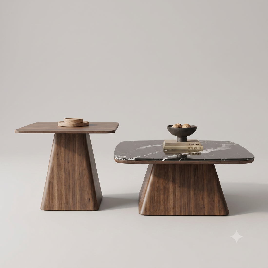 The Noir Laurent Black Marble & Walnut Nesting Coffee Table Set with Companion Accent Table