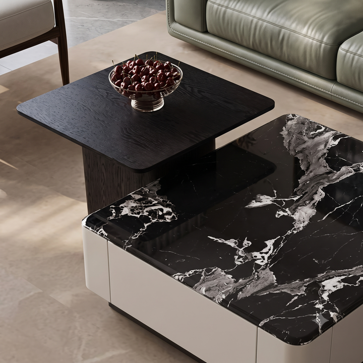 The Noir Grandeur Dual-Tier Nesting Coffee Table with Black Marble Top & Accent Side Table