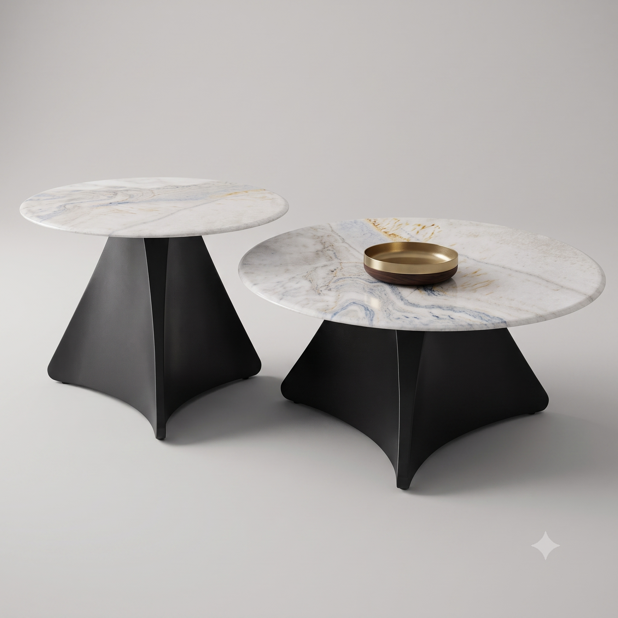 round white marble coffee table with grey and gold veining in modern living room