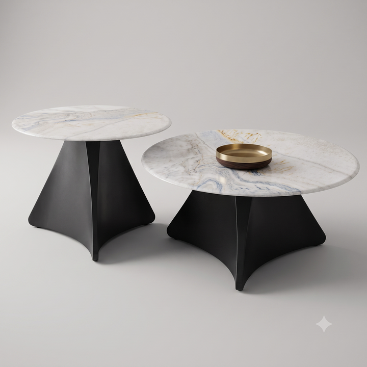 round white marble coffee table with grey and gold veining in modern living room